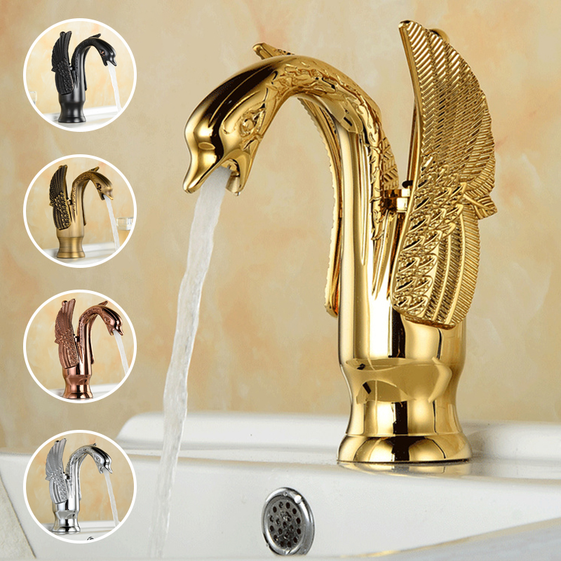 Gold Polished Brass Stylish Swan Design Bathroom Basin Faucet Sink Mixer Tap 
