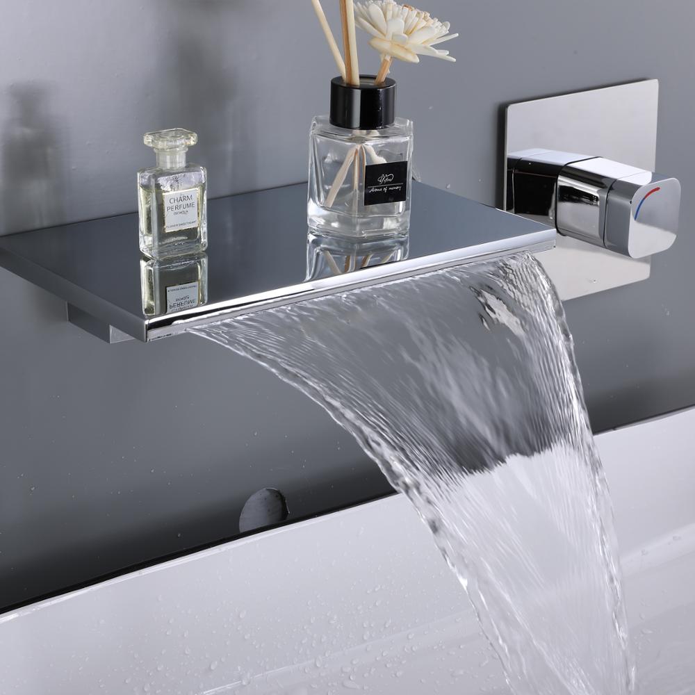 Waterfall Wall Mount Chrome Single Handle Bathroom Sink Faucet Solid Brass